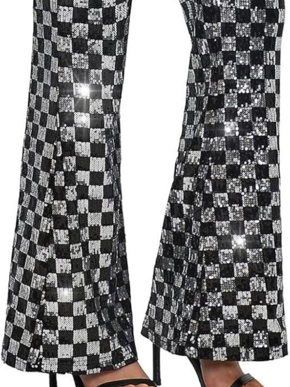 XL Black Silver Sequin Checkered Bell Bottom Pants High Waist Wide Leg Disco